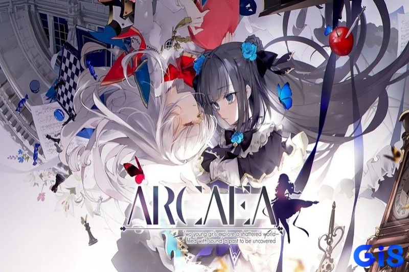 Hikari và Tairitsu trong phân cảnh giới thiệu cốt truyện với phong cách nghệ thuật đặc trưng của game Arcaea.